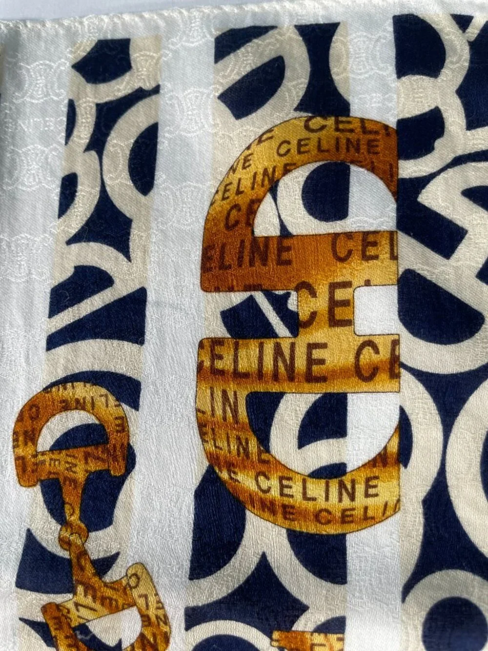 Celine Vintage Cotton Scarf Navy Ivory Gold Logo Stripe Print 22” - Picture 6 of 13